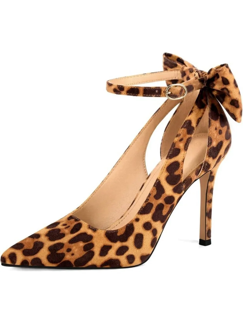 Women's Leopard Pointed Toe High Heels Ankle Strap Sexy Bowtie Back Dress Sandal
